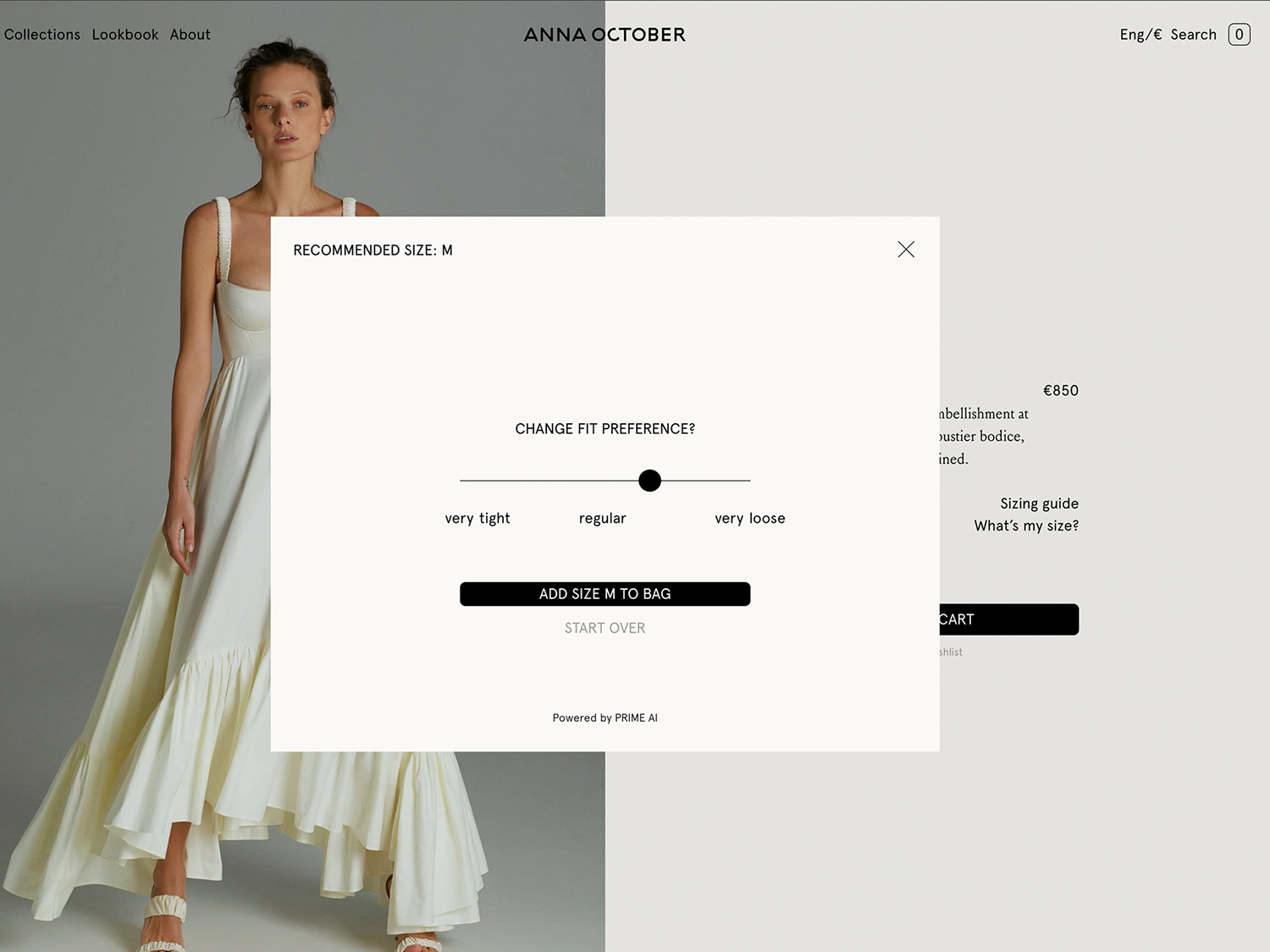 Prime AI’s interactive Fit Slider on Anna October allowing customers to personalise fit preferences in real time.