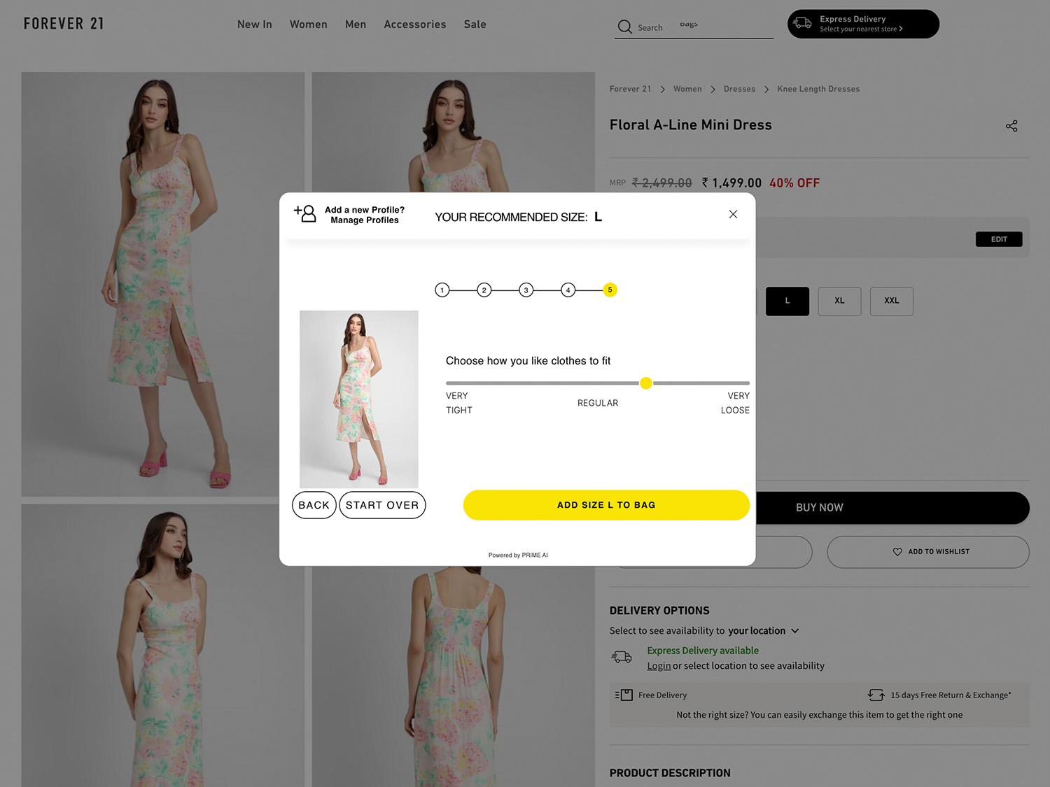 Prime AI’s interactive Fit Slider on Forever 21 allowing customers to personalise fit preferences in real time.