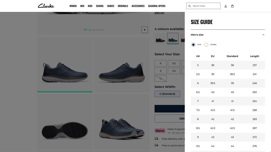 Size chart for shoe sizes UK