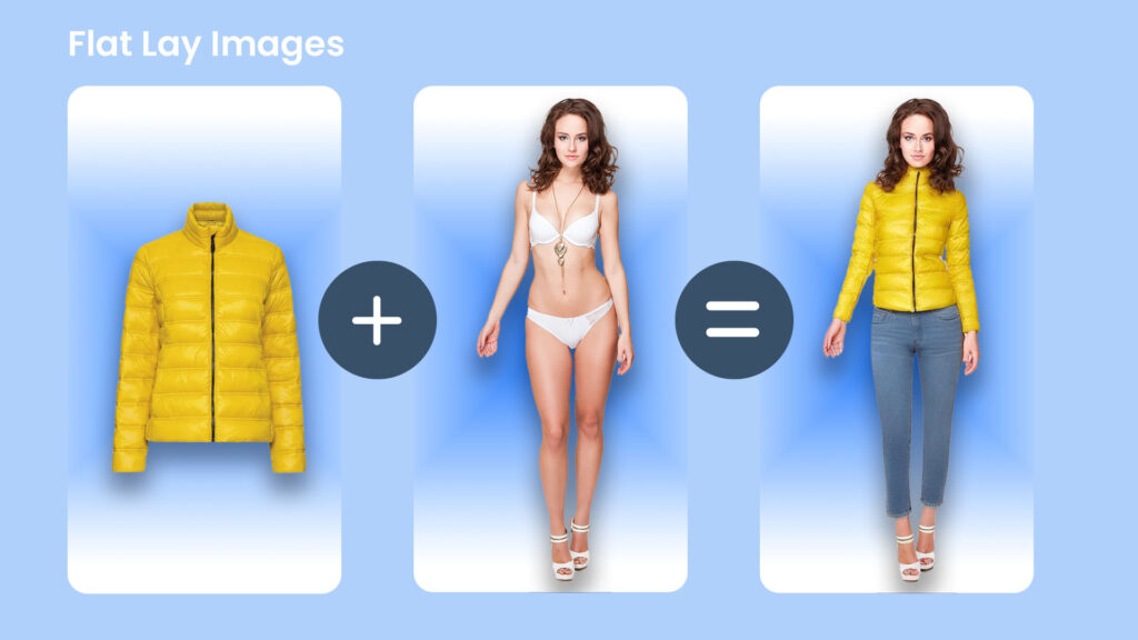 Prime AI Photoshoot image processing examples of flat lay clothing and real life model.