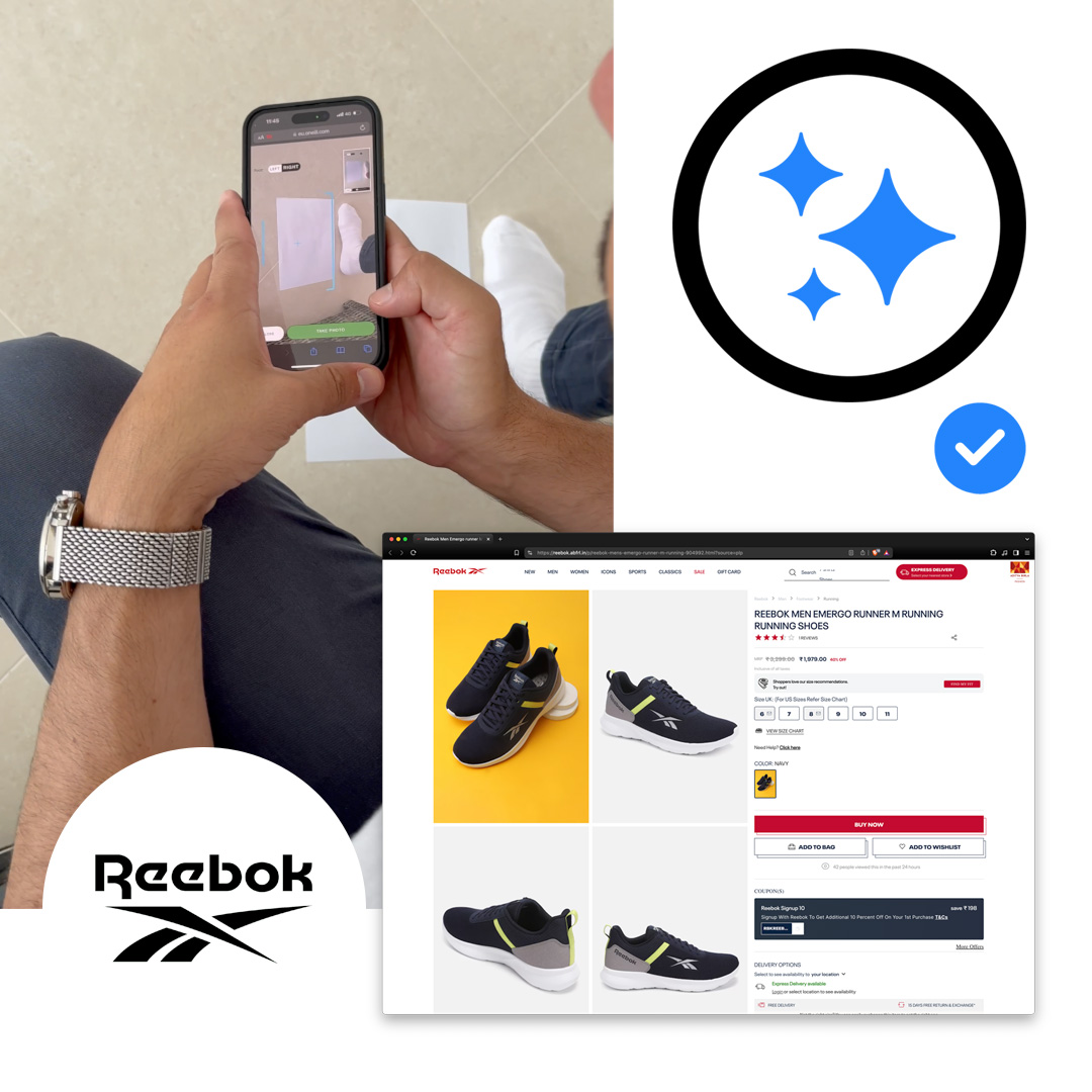 Image montrant la fonctionnalité de recherche de pointure de Prime AI. Image montrant une personne obtenant une mesure précise du pied à partir d'une simple photo du pied à côté d'une feuille de papier A4, telle qu'utilisée par Reebok India.