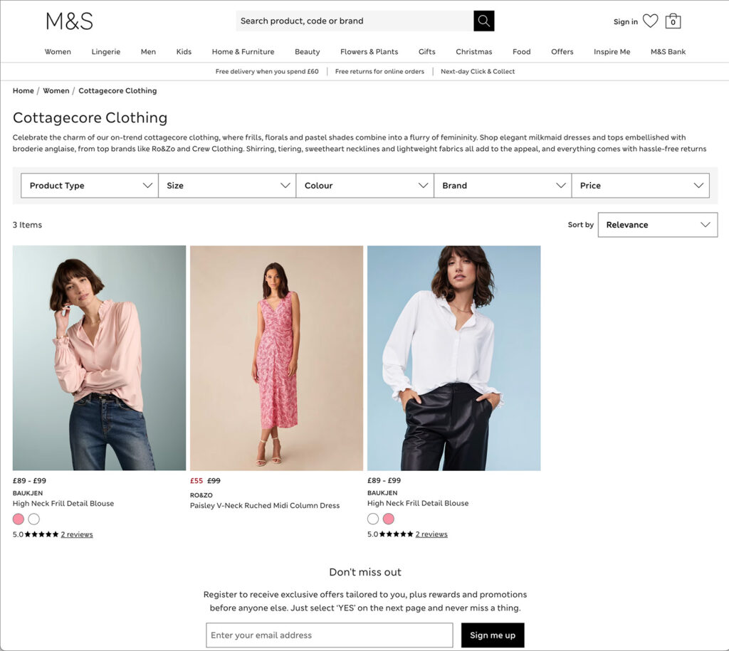 Image showing M&S website and search filters for #cottagecore clothing a trend they captialised on using ai