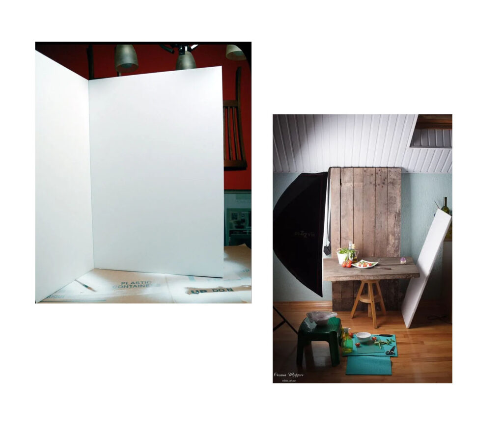 Two setups demonstrating DIY reflectors for photography. The left image shows a simple setup with a large white foam board used as a reflector, creating a bright, evenly lit surface. The right image displays a rustic photography scene with a wooden background, a table holding food props, and a white foam board angled next to a softbox light to reflect light onto the scene, enhancing brightness and reducing shadows.