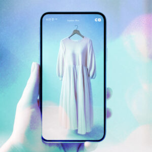 A smartphone displaying an AI-generated image of a dress on a hanger, showcasing a cost-effective alternative for fashion product photography. Ideal for comparison between traditional and AI photoshoots in e-commerce.