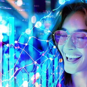 A vibrant digital illustration of a person wearing glasses, smiling, with abstract data visualizations and neural network lines in the background, symbolizing the impact of AI technology in enhancing engagement and boosting conversion rates in e-commerce.