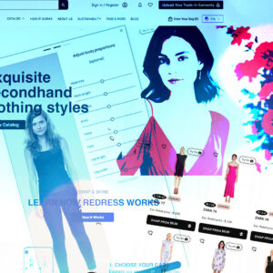 Interactive second-hand marketplace showcasing AI-powered virtual try-on sliders, personalised avatar adjustments, and professional garment visuals. Highlights sustainable fashion innovation with tools like Prime AI Photoshoot, Size and Fit Finder, and Zyler Virtual Try-On.