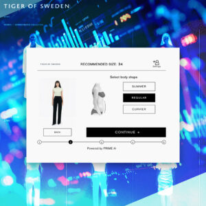 A screenshot of the Tiger of Sweden website showcasing the Prime AI Size Finder interface. The interface includes options to select body shape (slimmer, regular, curvier), a recommended size (34), and a visual representation of the selected garment on a model. The interface is clean and minimalistic, reflecting Tiger of Sweden's design ethos. The background features a vibrant collage of data visualisation and fashion silhouettes, highlighting the fusion of technology and style.